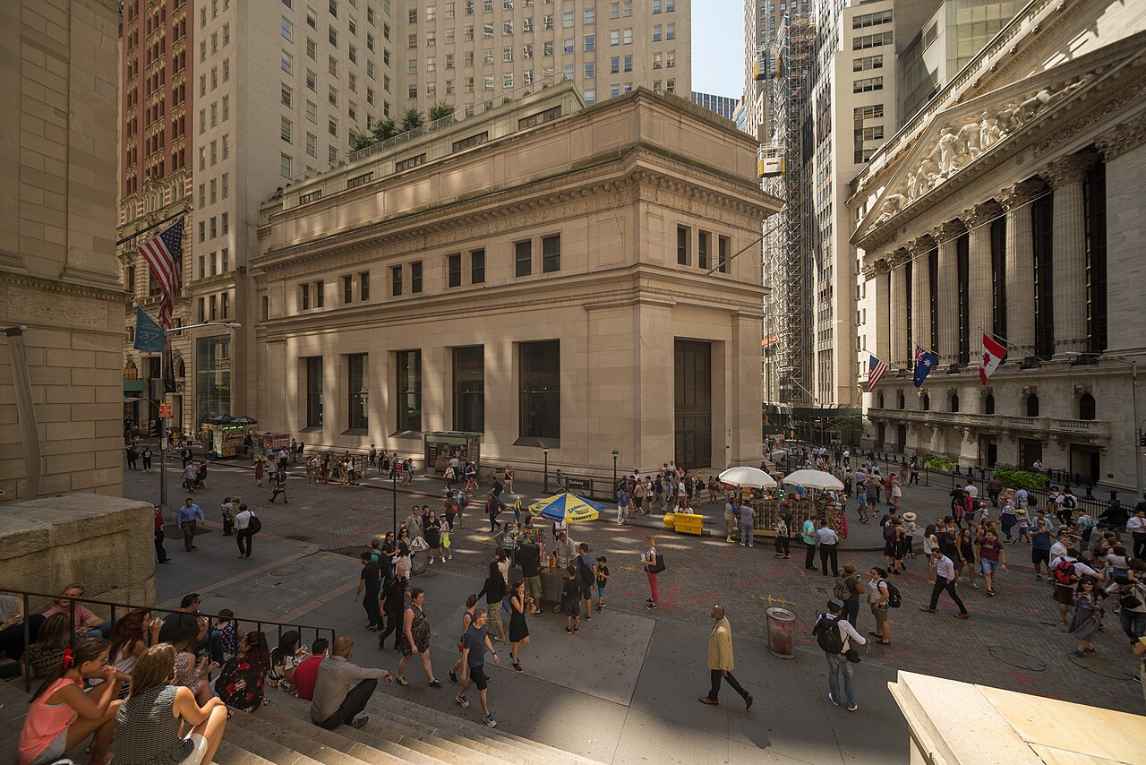 A stone office building on Wall Street in the Financial District